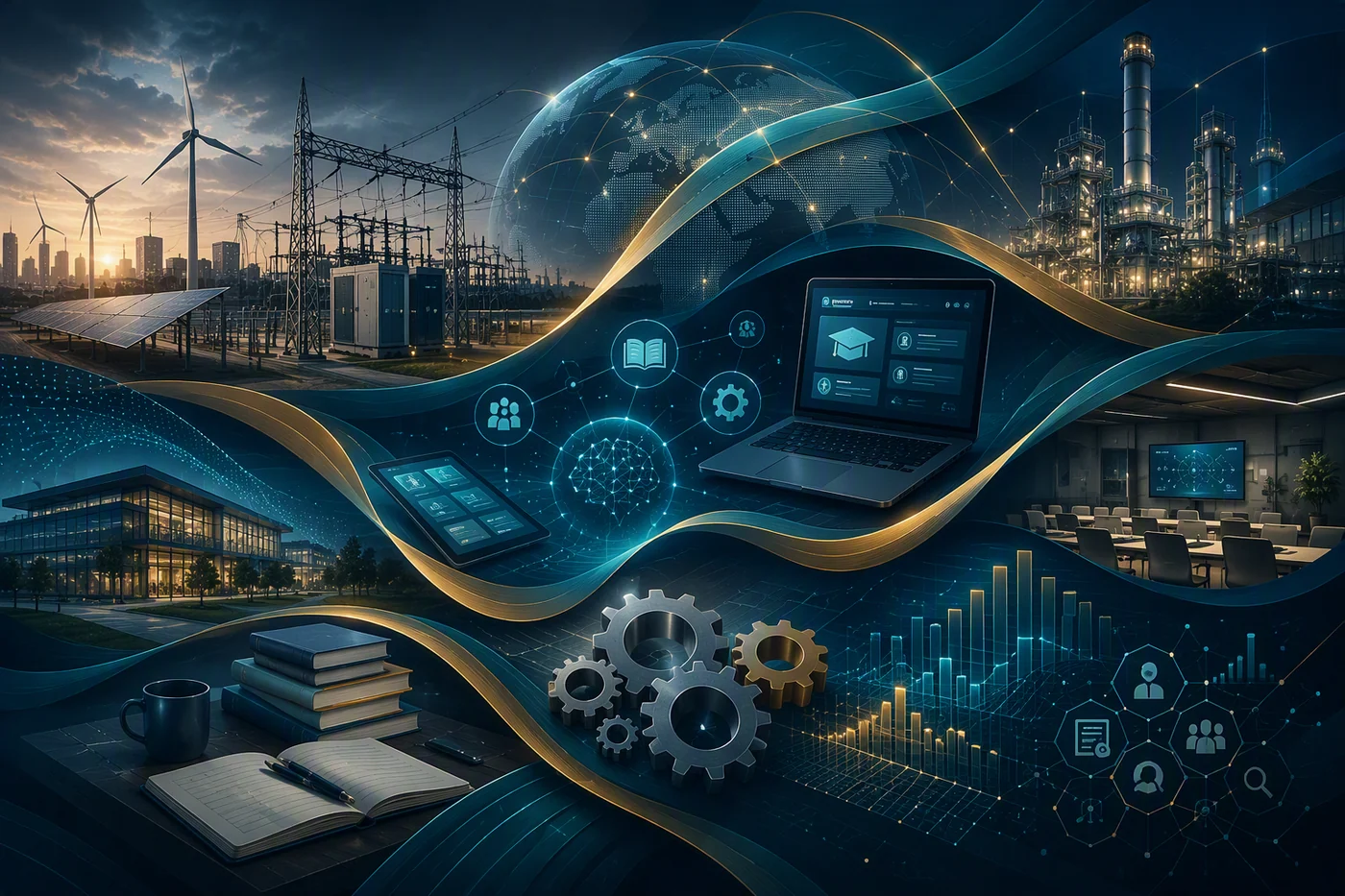Illustration eines vernetzten digitalen Lernökosystems mit Lernpfaden und Wissensbausteinen
